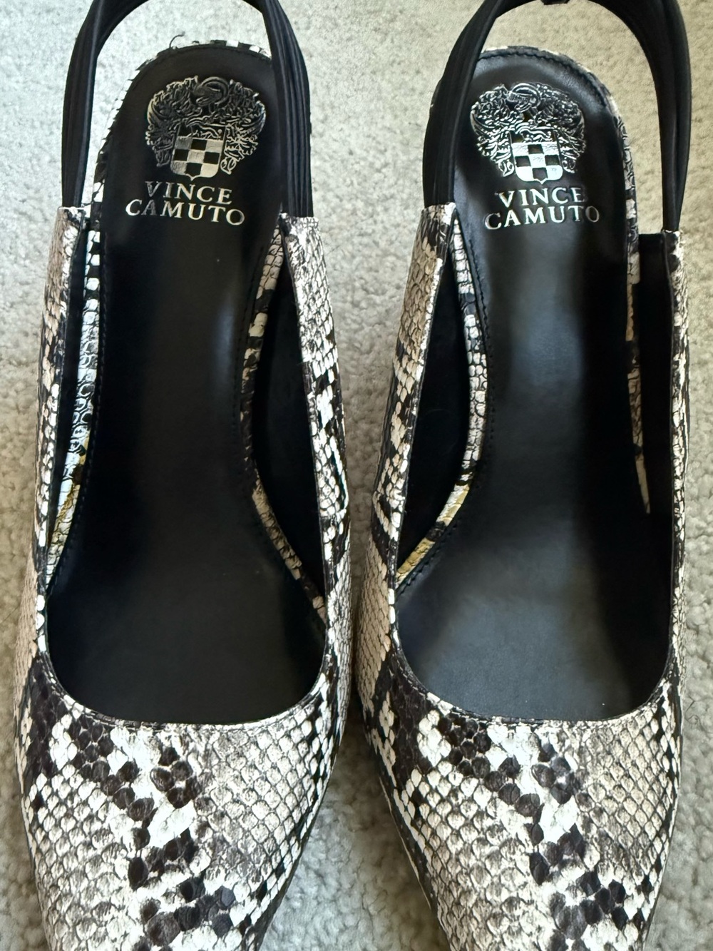 Vince Camuto Black and White Snake-Print Pointed Slingback Heels